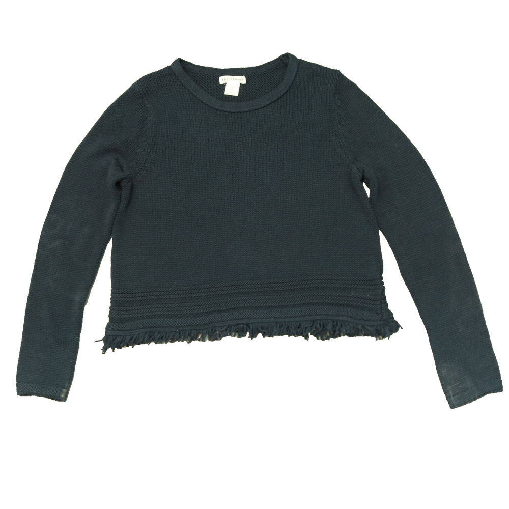 Vtg Artisan NY Cropped Sweater Women M Navy Fringe Pullover Relaxed Long Sleeve